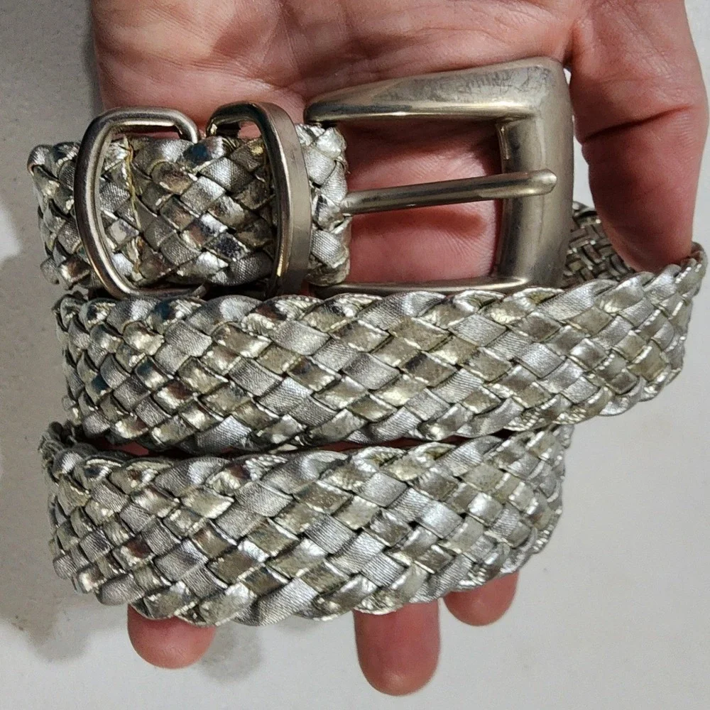 Silver Metallic Braided Woven Belt XL Adjustable Square Buckle Metal Tip Boho